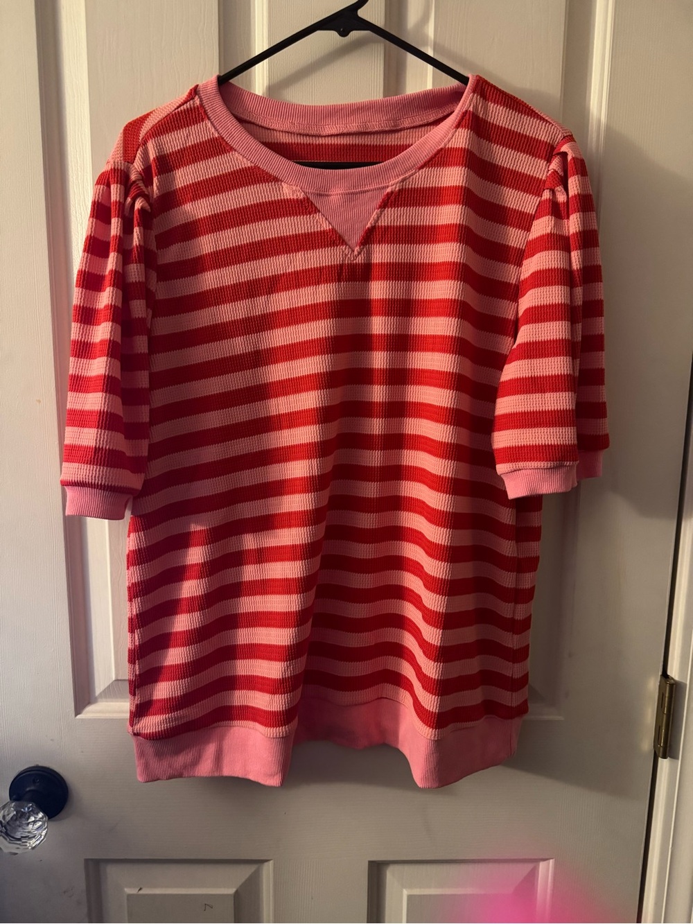 Pink and Red Striped Short Sleeve Two Piece Set